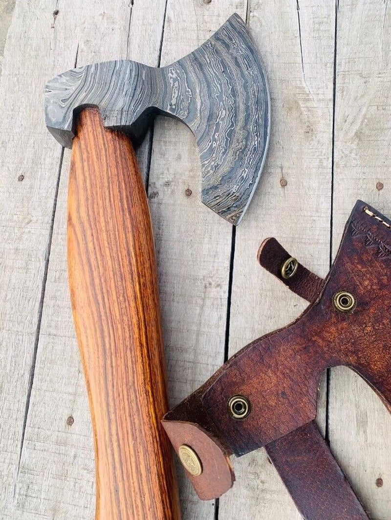 Hand-Forged Damascus Steel Axe with Sheath for Camping