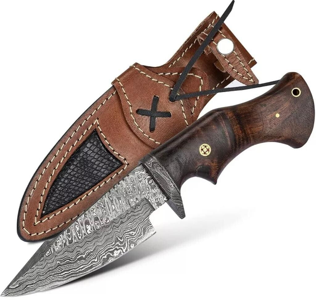 Handmade Damascus Steel Bowie Knife with Rosewood Handle and Sheath