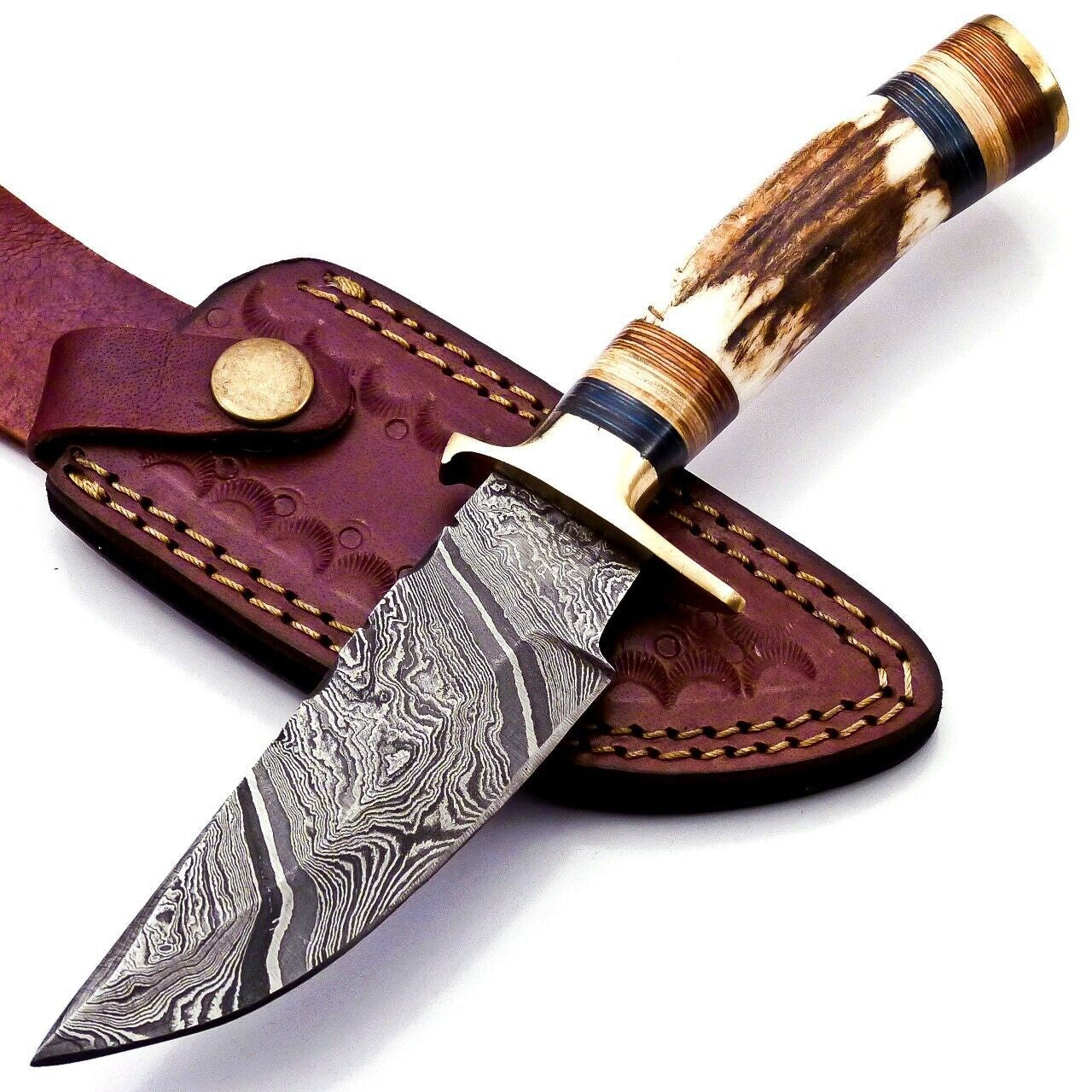 Damascus Steel Hunting Knife with Stag Handle and Brass Guard