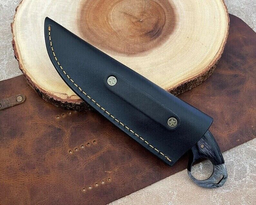 Engraved Damascus Fixed Blade Knife with Wood Handle