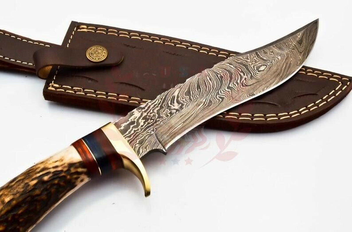 Custom Damascus Steel Bowie Knife with Deer Antler Handle