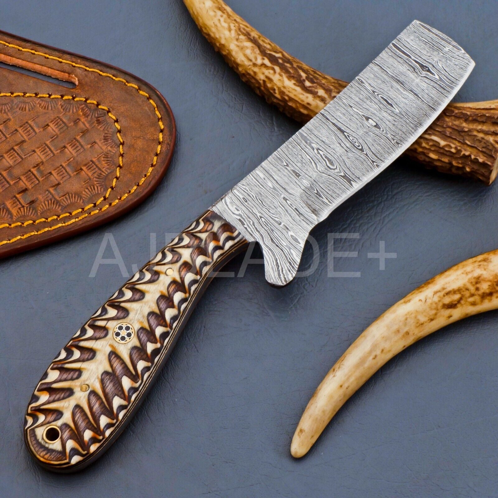 Damascus Cutter Knife with Bone Handle and Sheath