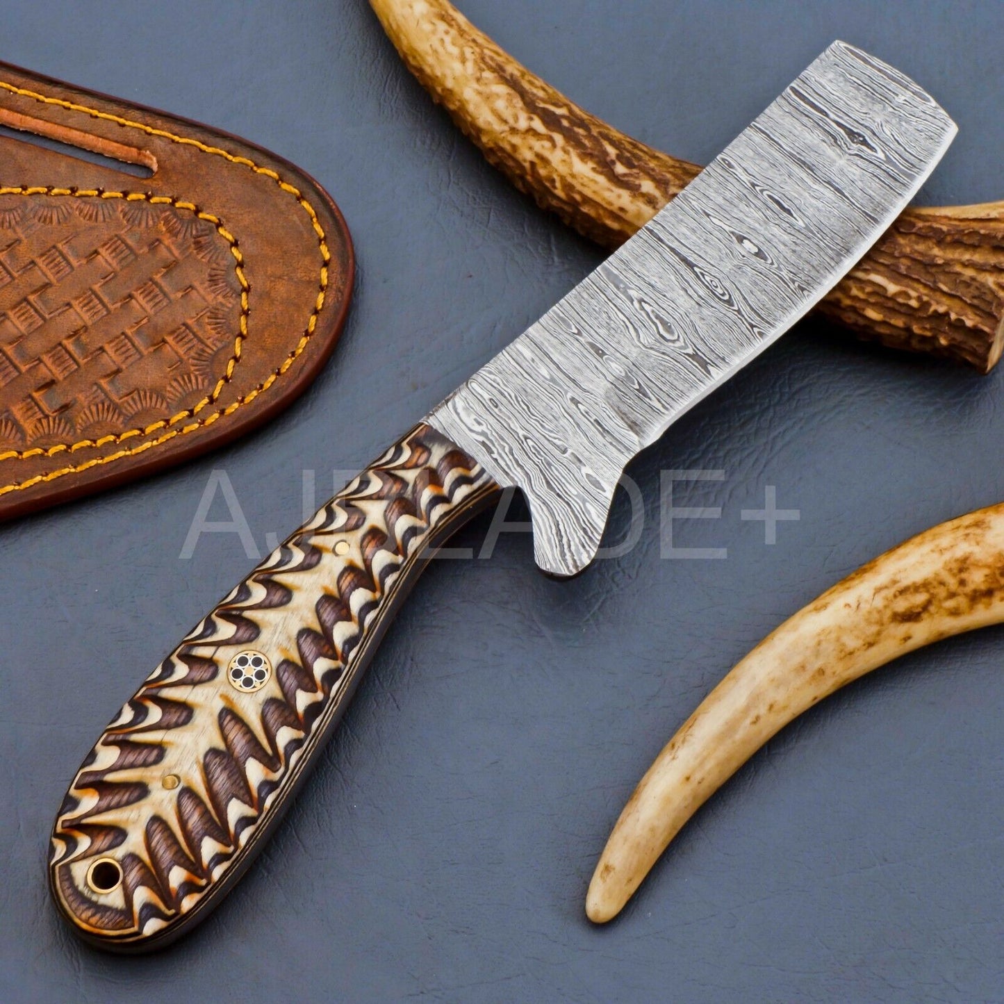 Handmade Damascus Steel Bull Cutter Knife with Bone Handle & Pancake Sheath