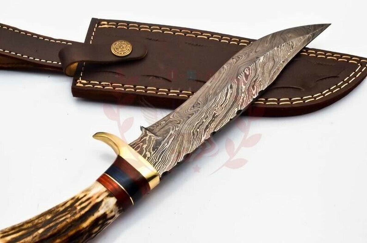 Custom Damascus Steel Bowie Knife with Deer Antler Handle