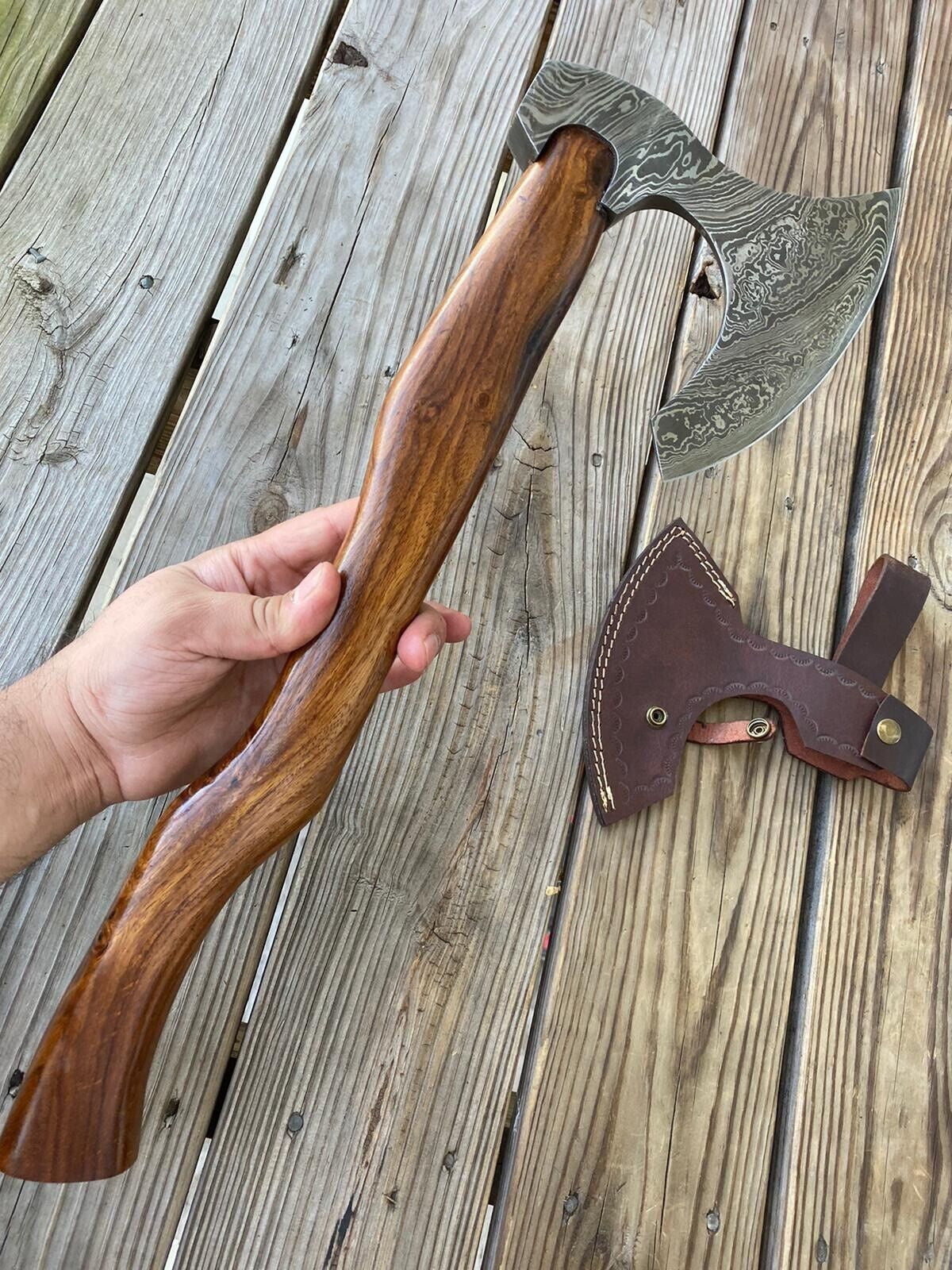 Handmade Damascus Steel Axe with Wood Handle for Camping