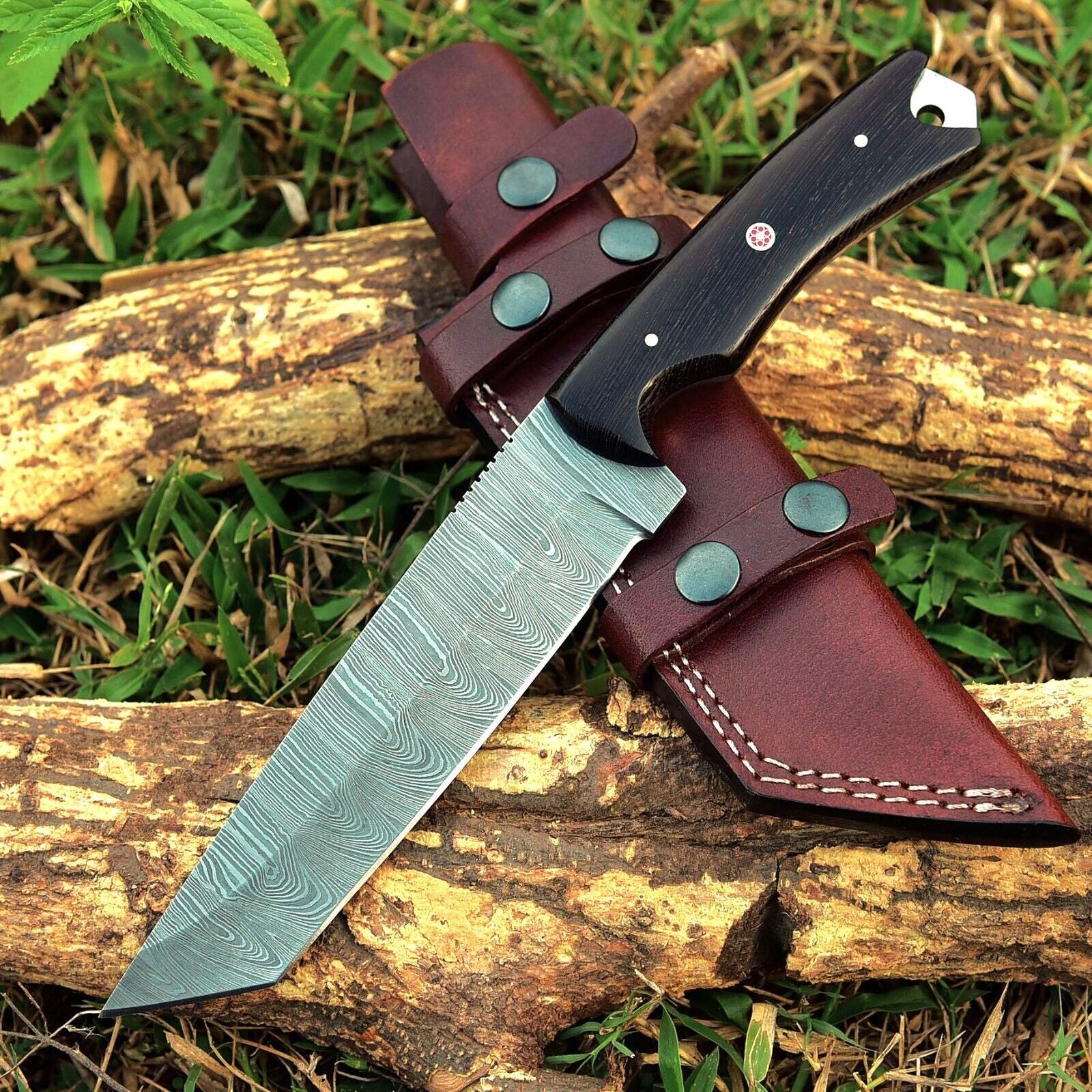 Custom Damascus Tanto Knife with Sheath for Hunting and Camping