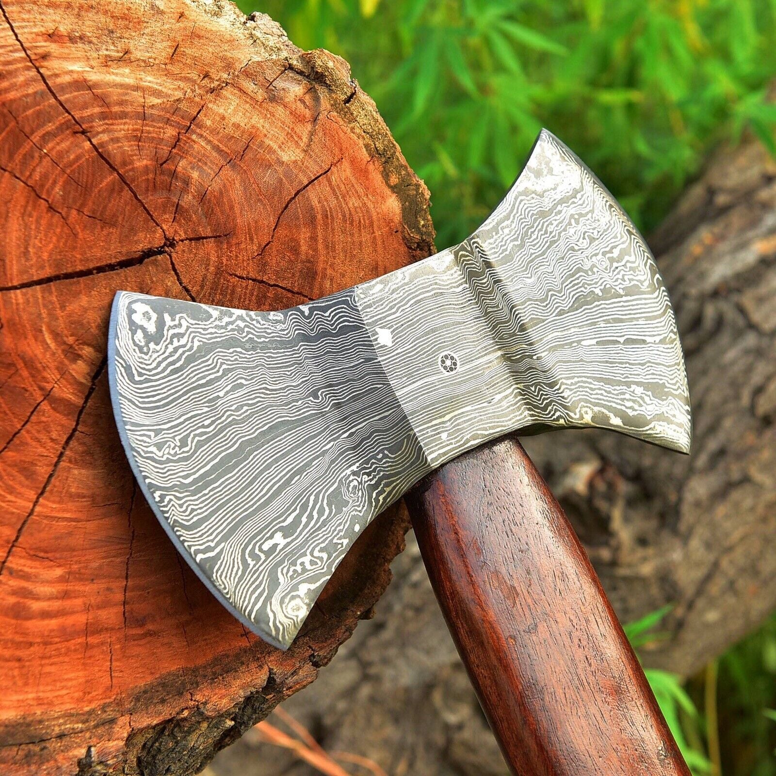 Double Head Damascus Steel Axe with Leather Sheath