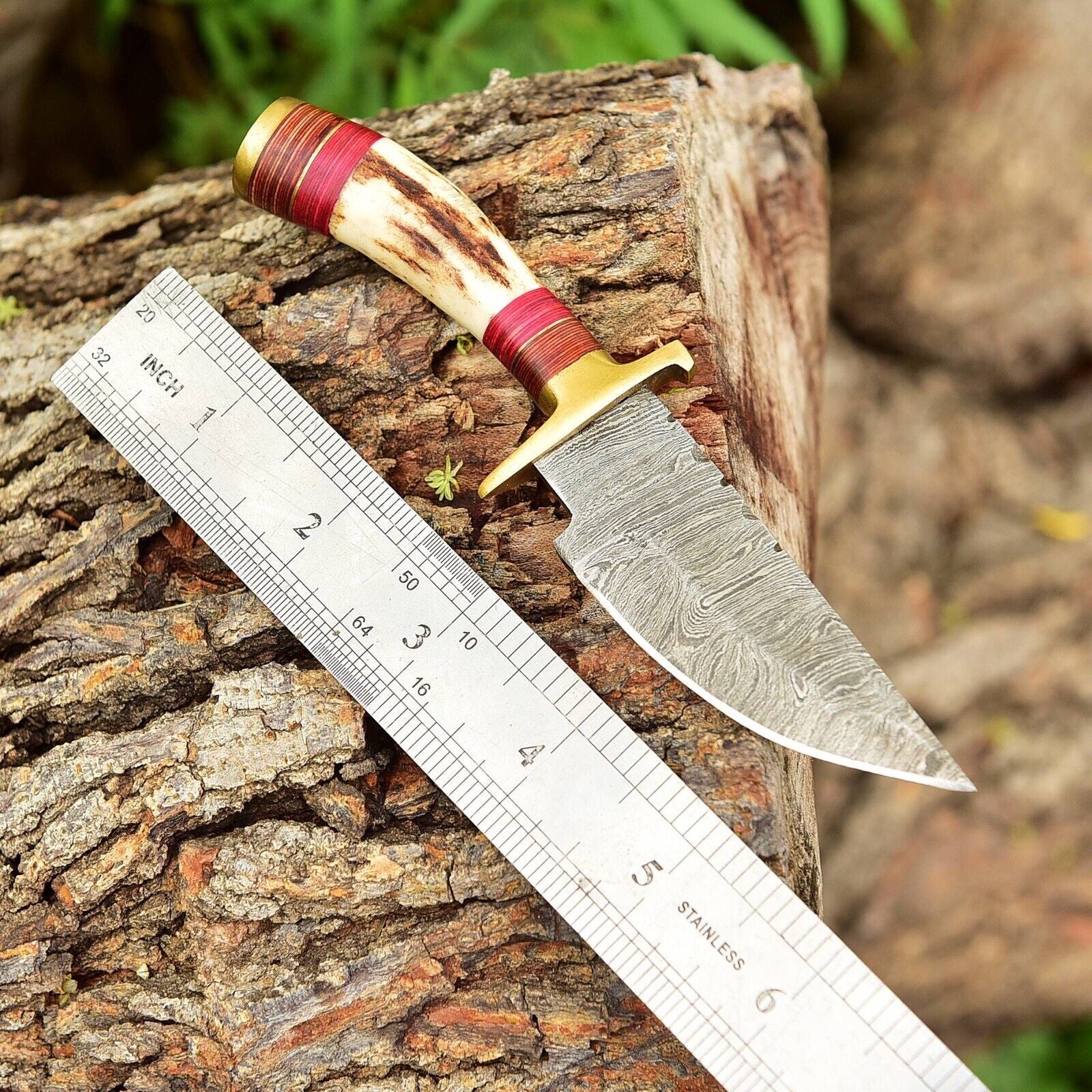 Damascus Steel Skinning Knife with Stag-Antler Handle