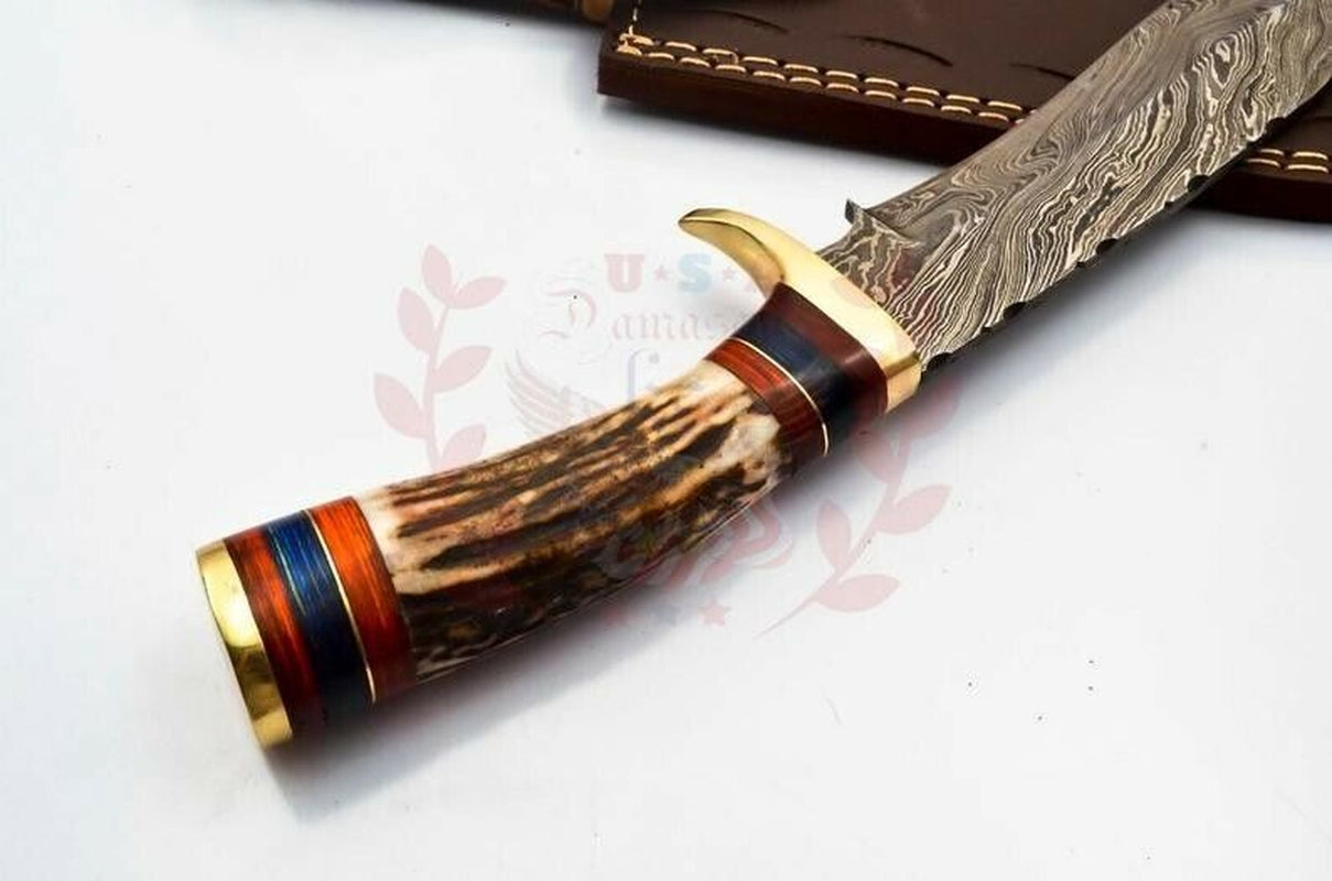 Custom Damascus Steel Bowie Knife with Deer Antler Handle