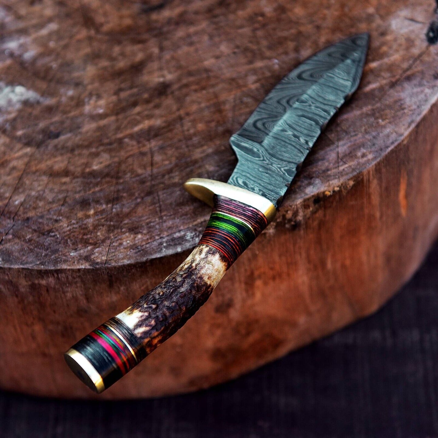 Custom Handmade Damascus Steel Skinning Knife with Deer Antler Handle