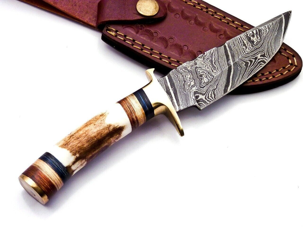 Damascus Steel Hunting Knife with Stag Handle and Brass Guard