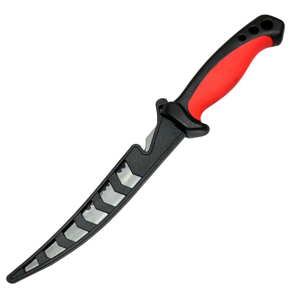 Fishing Fillet Knife with Serrated Edge and Red Grip Handle