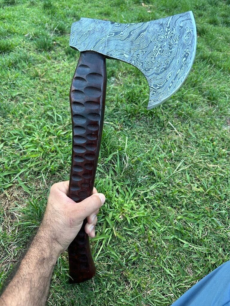 Engraved Damascus Steel Axe with Wood Handle for Camping