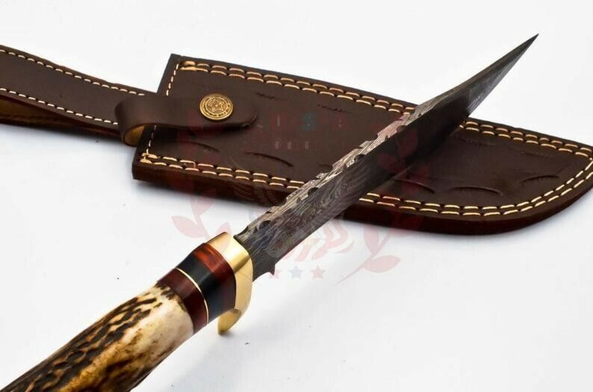 Custom Damascus Steel Bowie Knife with Deer Antler Handle