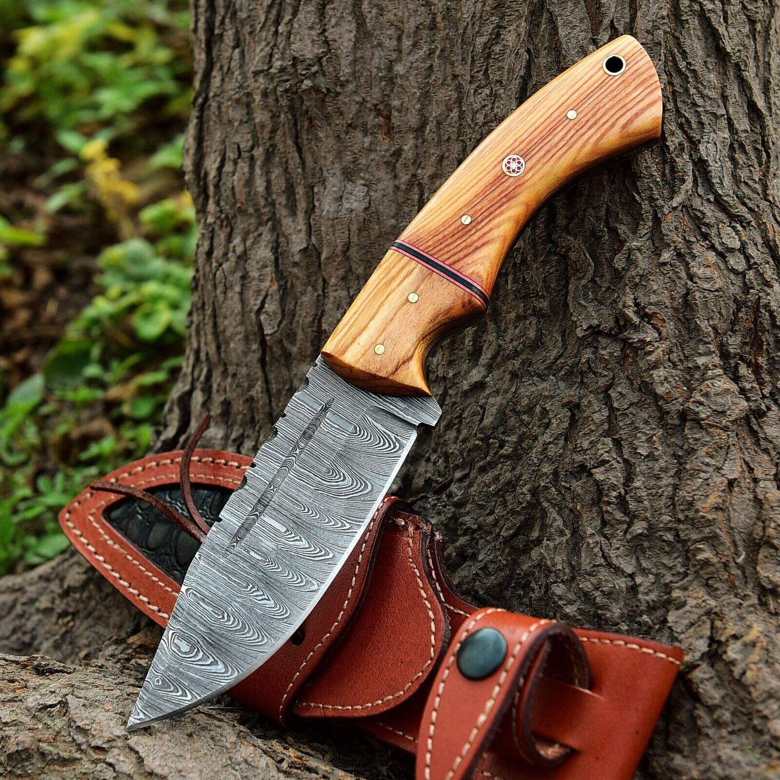 Custom Damascus Fixed Blade Knife with Olive Wood