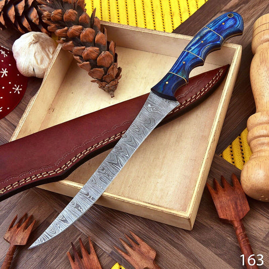 Custom Damascus Fillet Knife with Wood Handle for Chefs