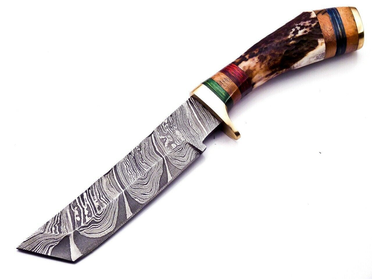 Custom Forged Damascus Steel Antler Handle Knife with Deer Antler Knife Design