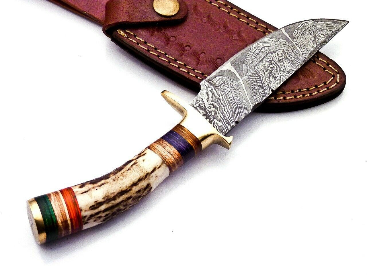 Damascus Steel Hunting Knife with Stag Handle and Brass Guard