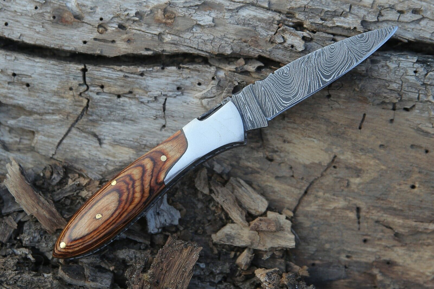 Damascus Folding Pocket Knife for Camping and Skinning