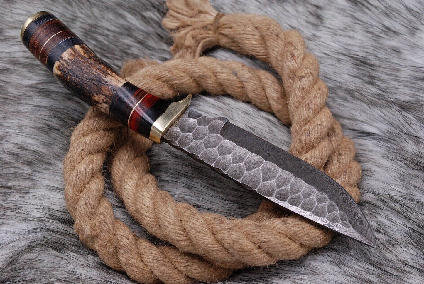 Custom Damascus Steel Deer Skinning Knife with Stag Handle