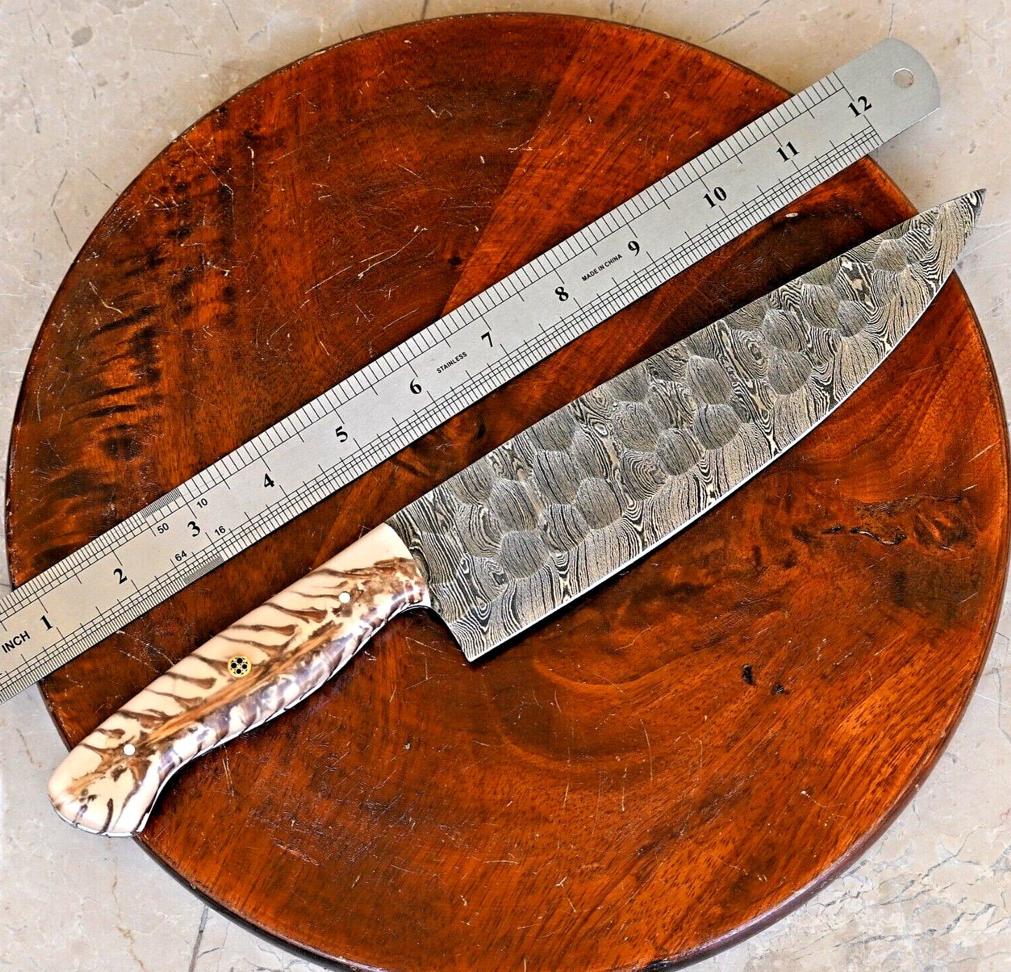 Custom Handmade Damascus Chef Knife with Pinecone Handle