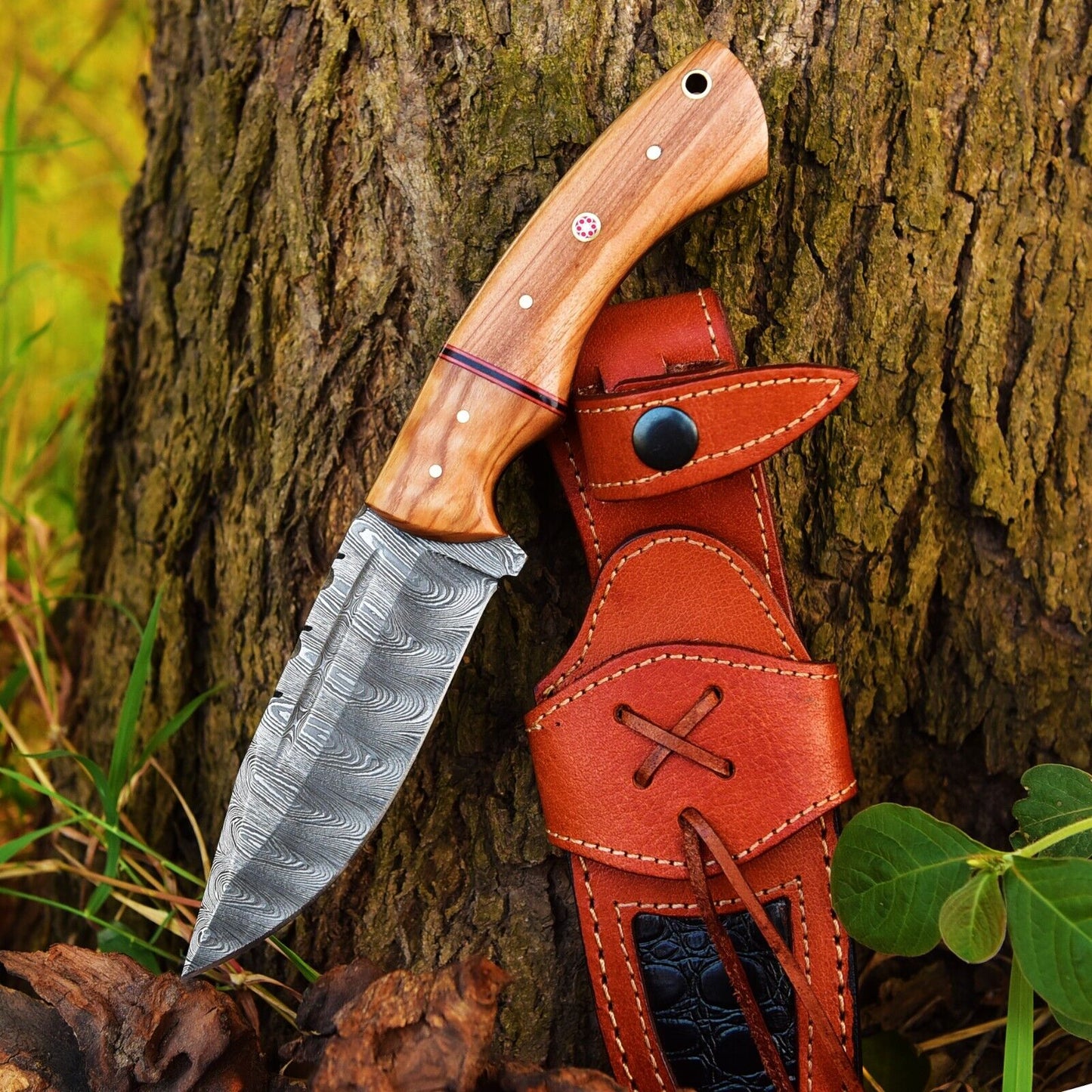 Custom Damascus Fixed Blade Knife with Leather Sheath