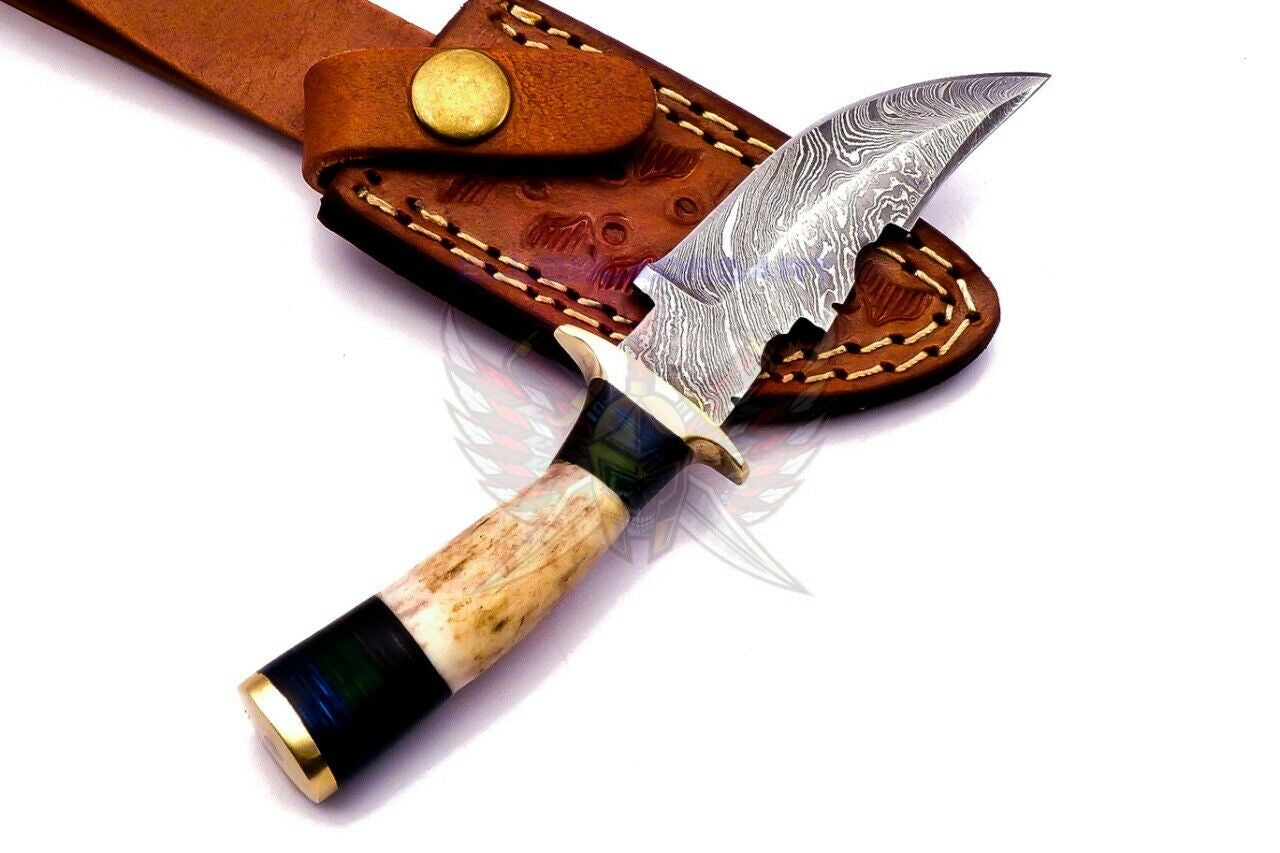 Custom Hand Forged Damascus Steel Bowie Knife with Deer Antler Handle