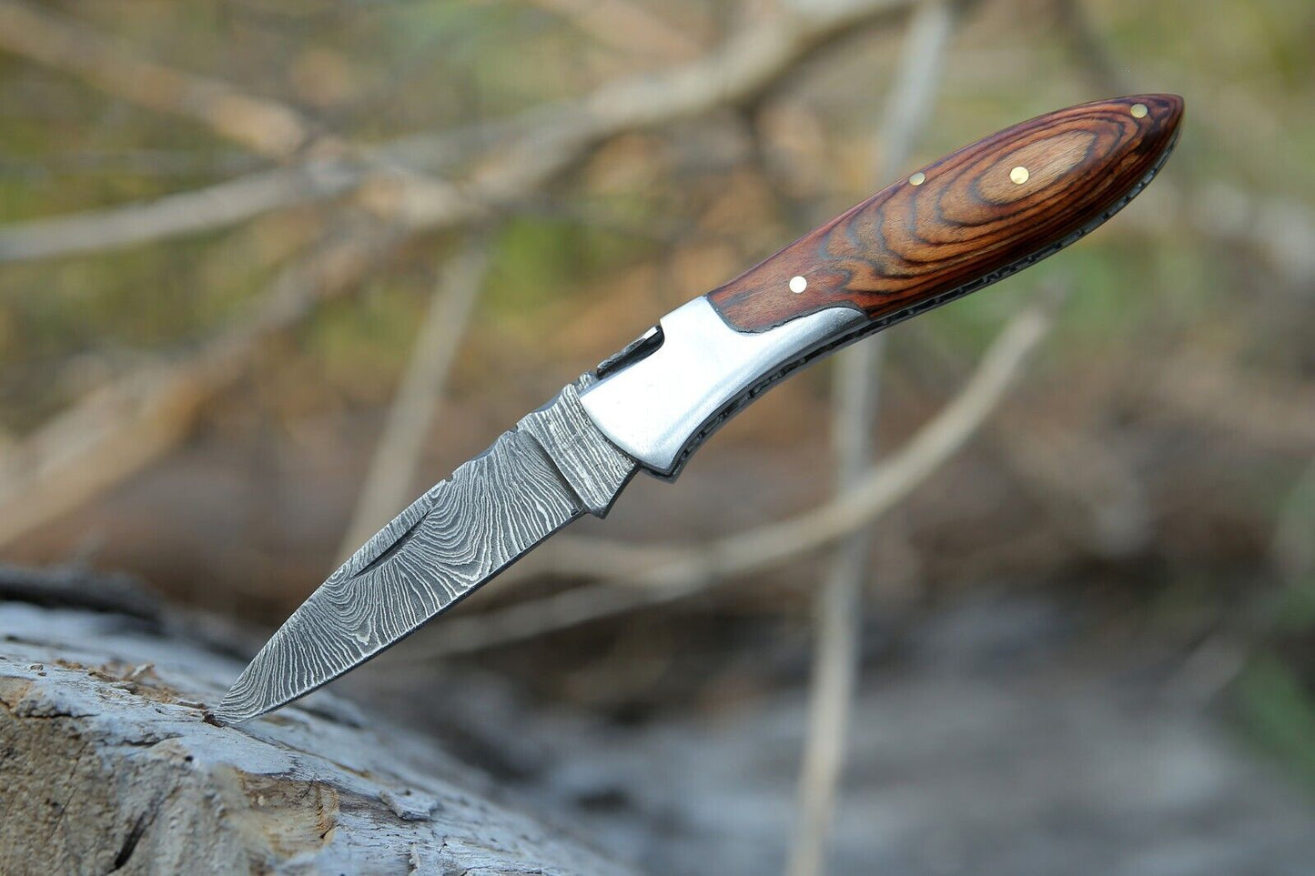 Damascus Folding Pocket Knife for Camping and Skinning