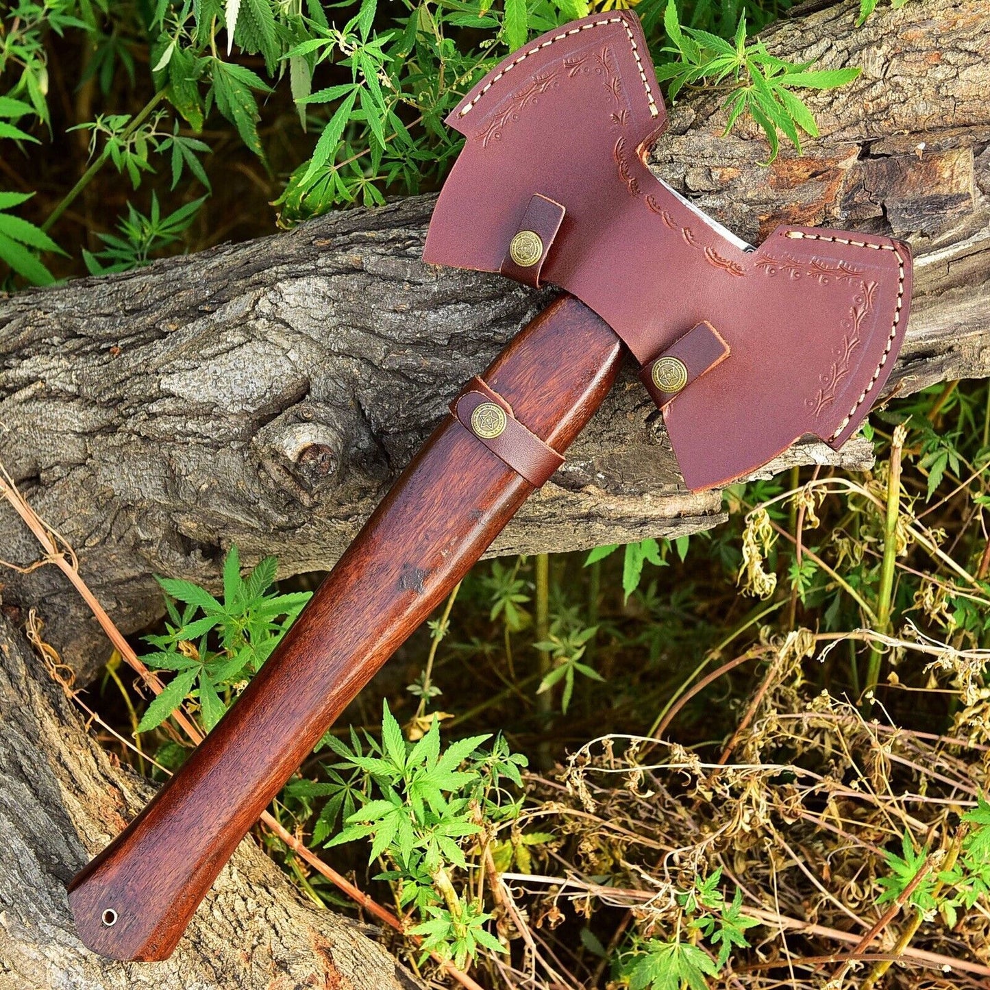 Double Head Damascus Steel Axe with Leather Sheath