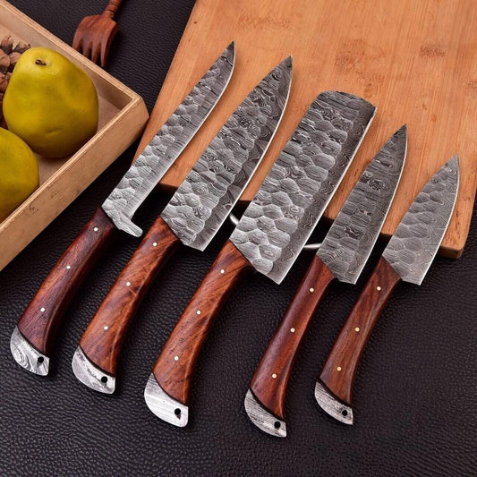 5-Piece Damascus Steel Chef Knife Set - Wood Handle Kitchen Knife Set
