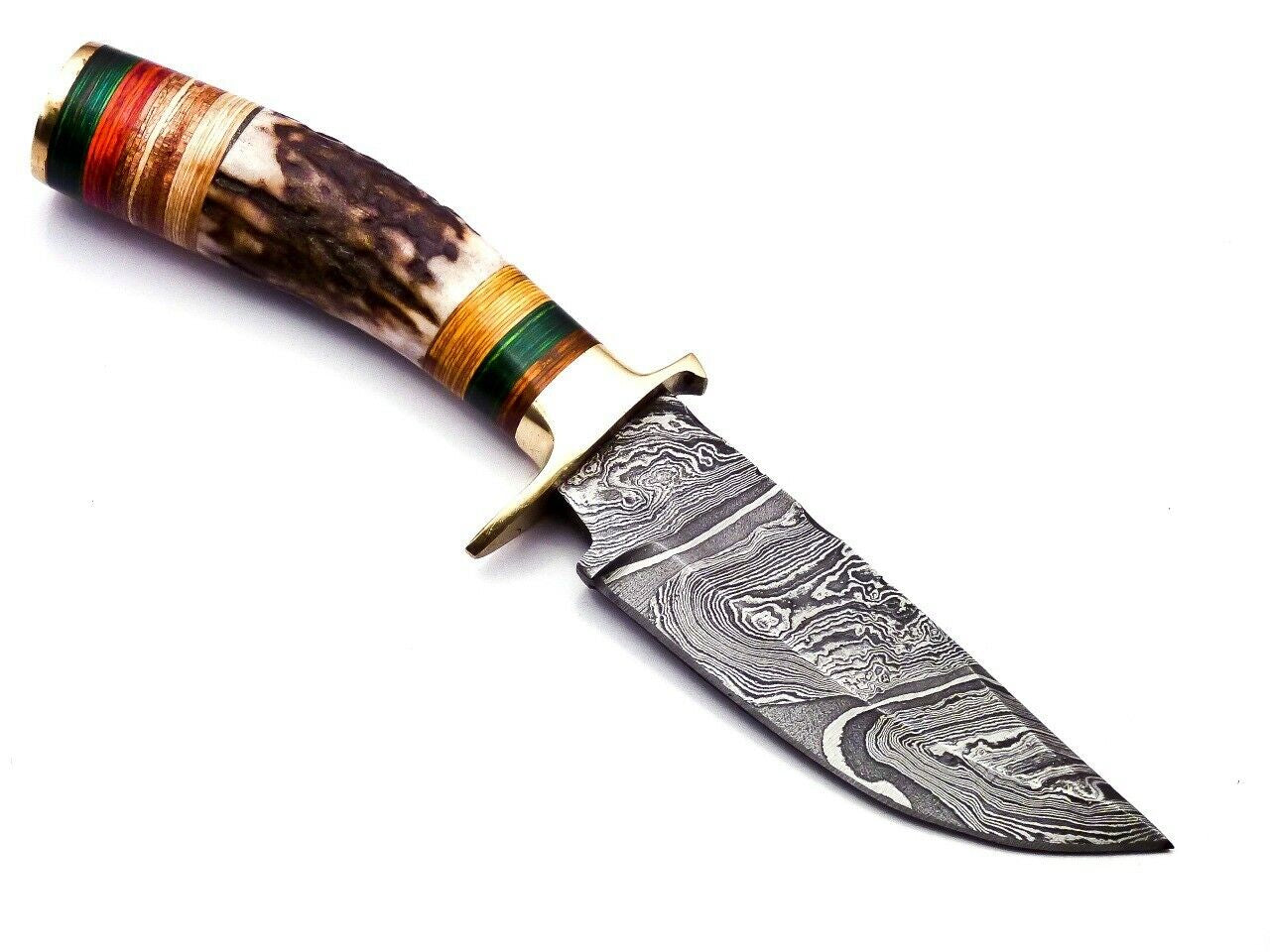 Damascus Hunting Knife with Stag Handle Brass Guard