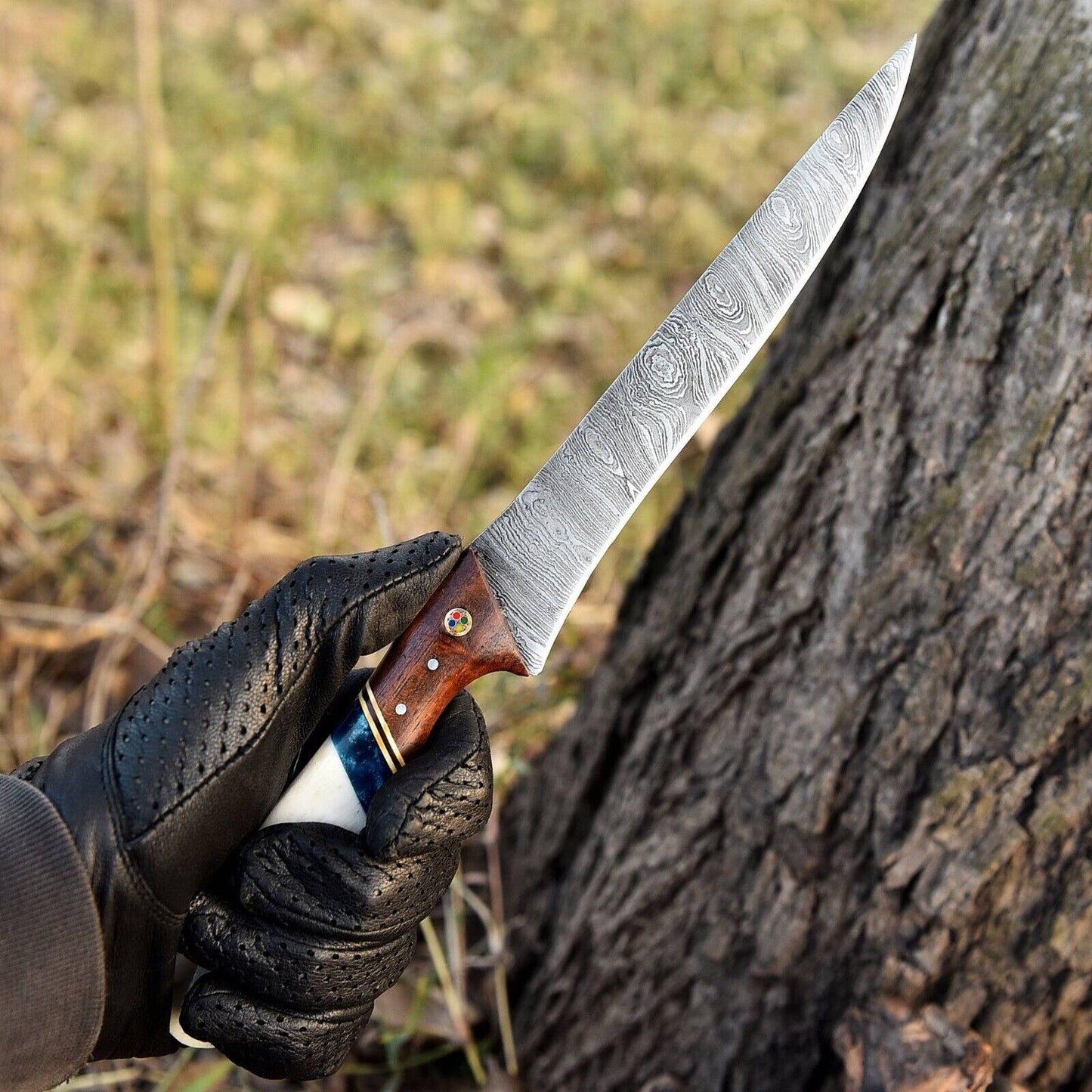 Damascus Fish Fillet Knife with Camel Bone and Resin Handle