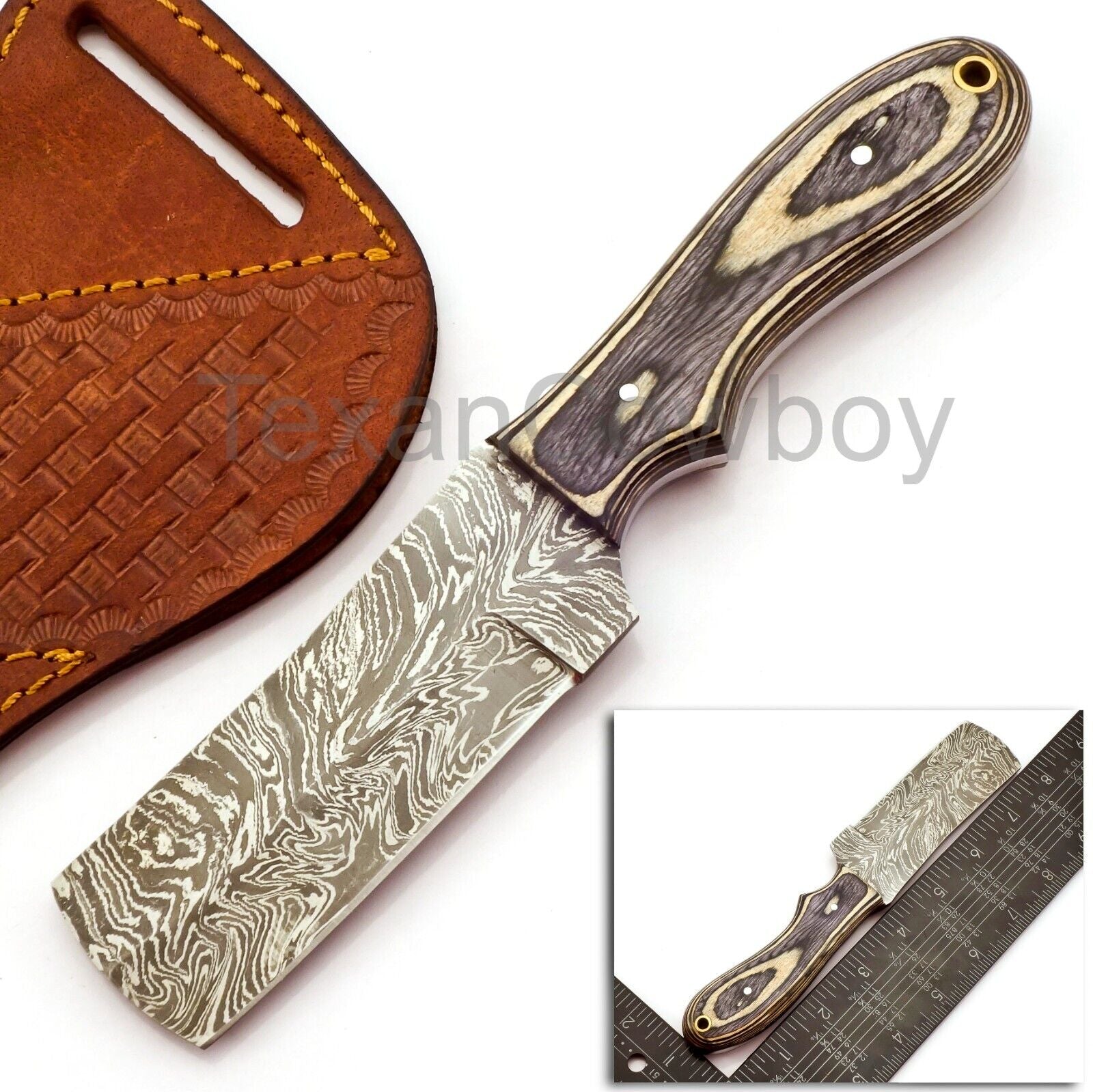 Damascus Steel Custom Handmade EDC Bull Cutter Knife with Pakka Wood Handle & Sheath