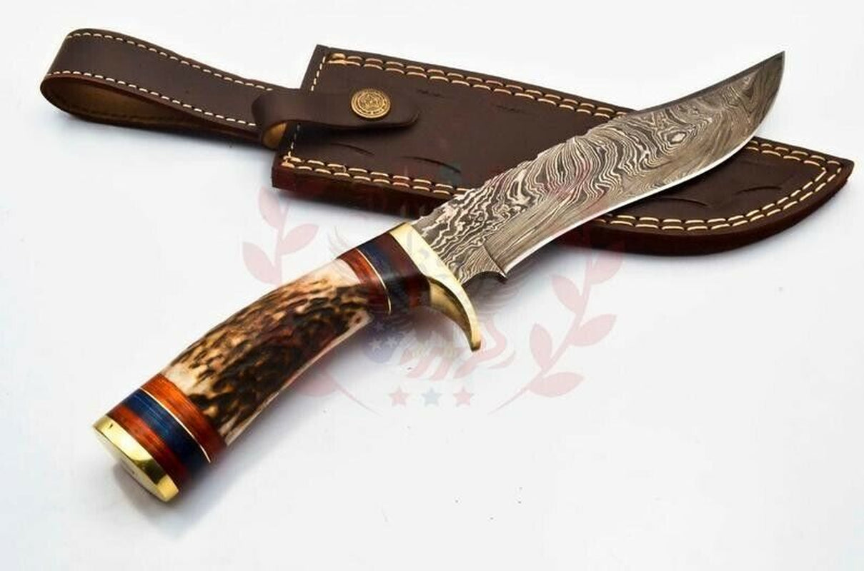 Custom Damascus Steel Bowie Knife with Deer Antler Handle