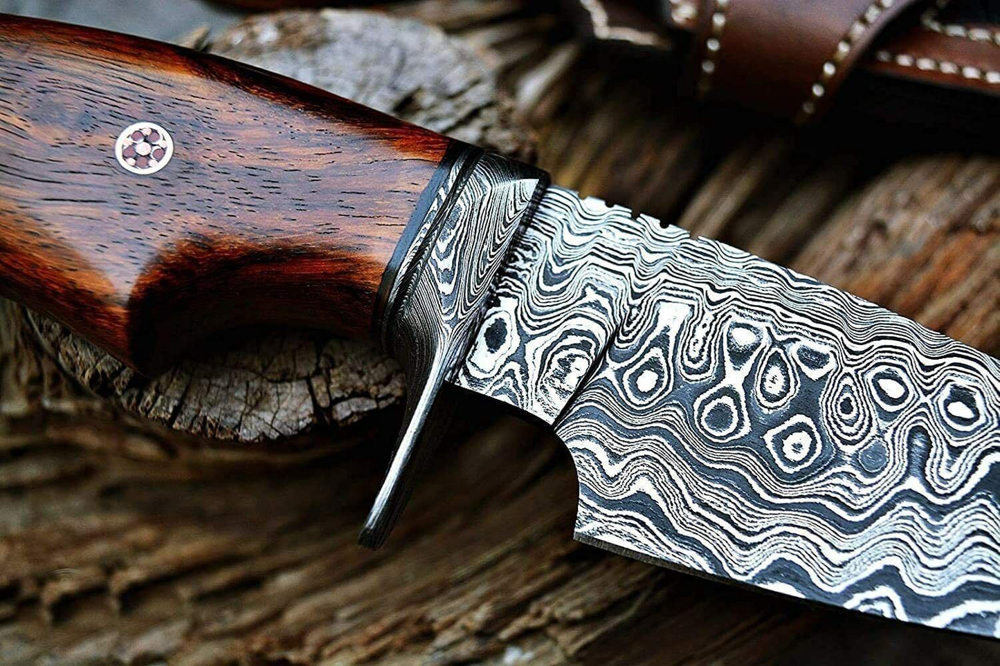 Custom Damascus Steel Bowie Knife with Rosewood Handle and Sheath