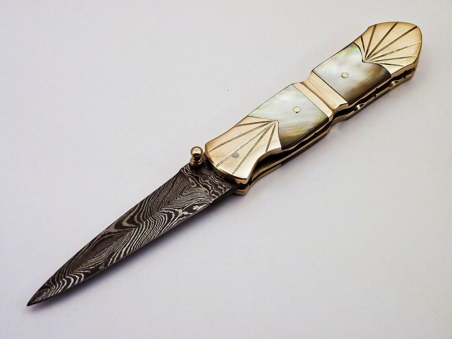 Damascus Folding Pocket Knife with Pearl Handle