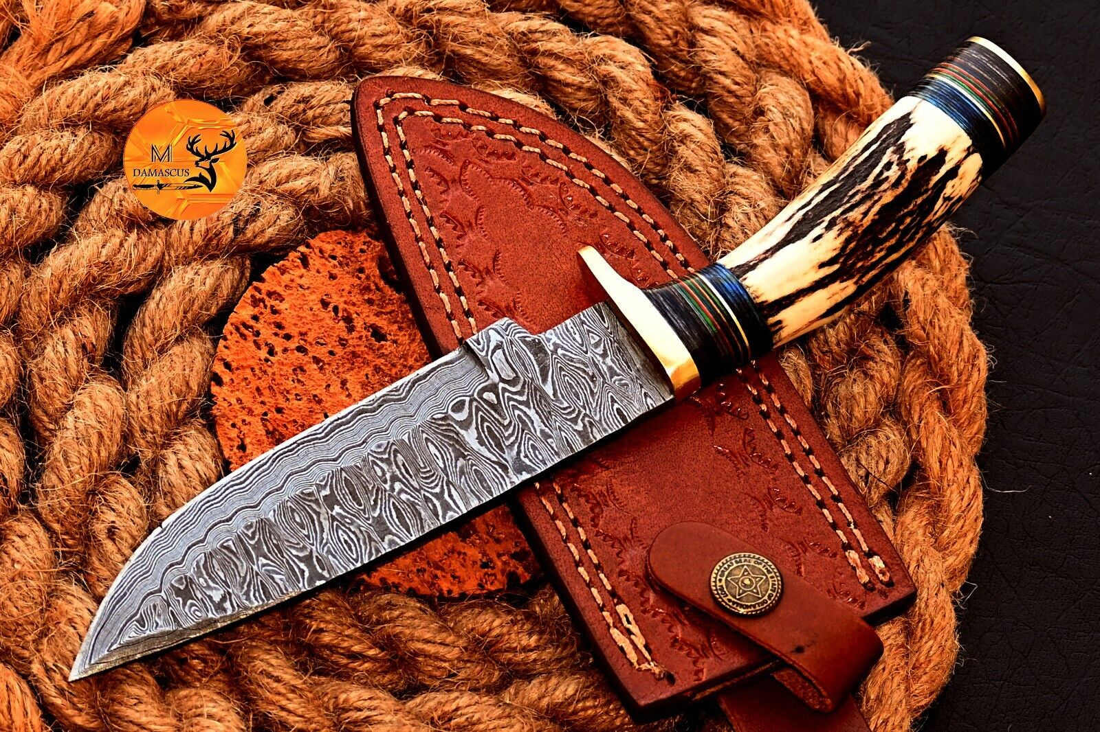 Damascus Bowie Knife with Stag Knife Handle