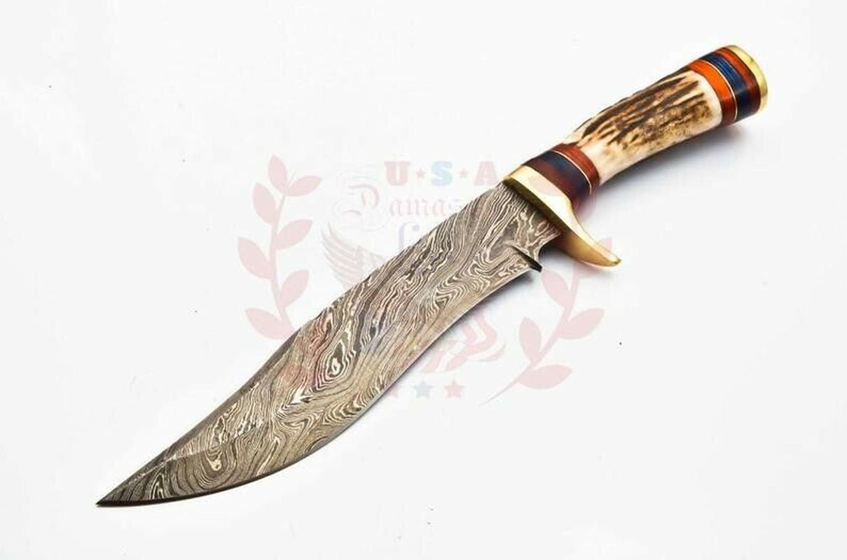 Custom Damascus Steel Bowie Knife with Deer Antler Handle