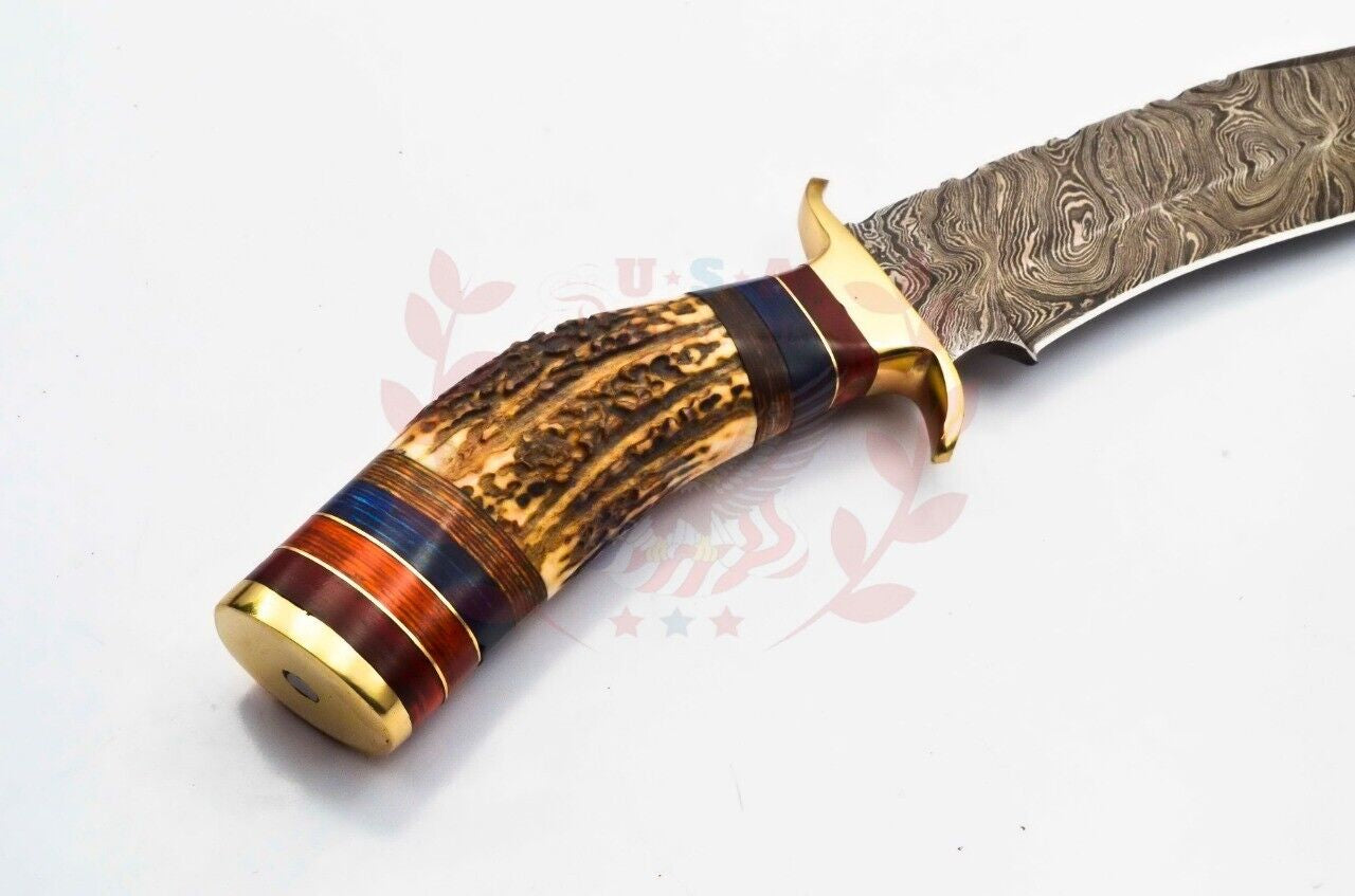 Handmade Custom Damascus Steel Knife with Deer Antler Handle – Unique Antler Knife