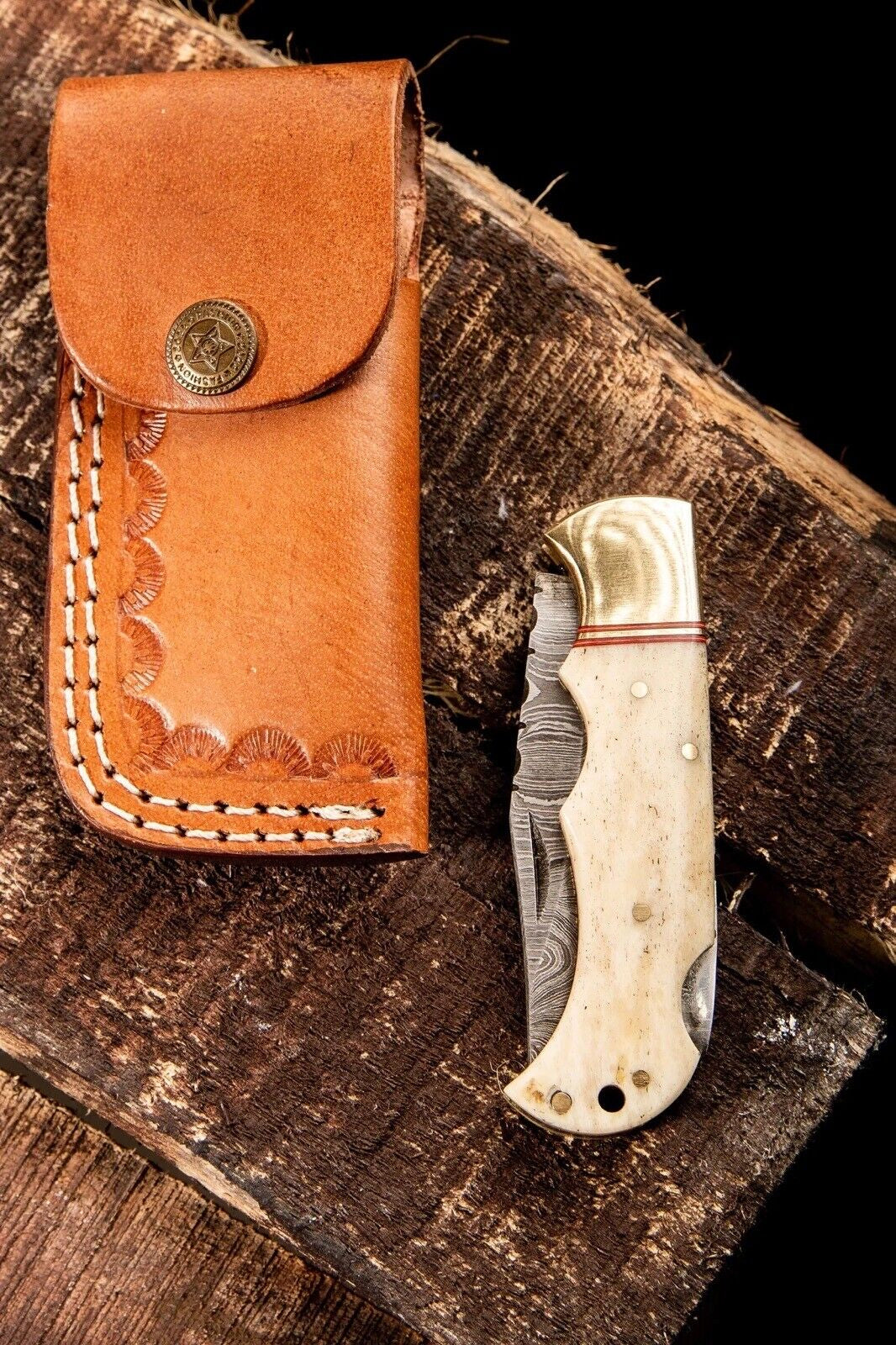 Handmade Damascus Folding Pocket Knife with Camel Bone