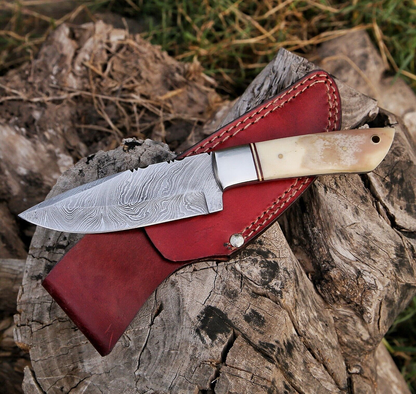 Damascus Knife with Full Tang and Camel Bone Handle