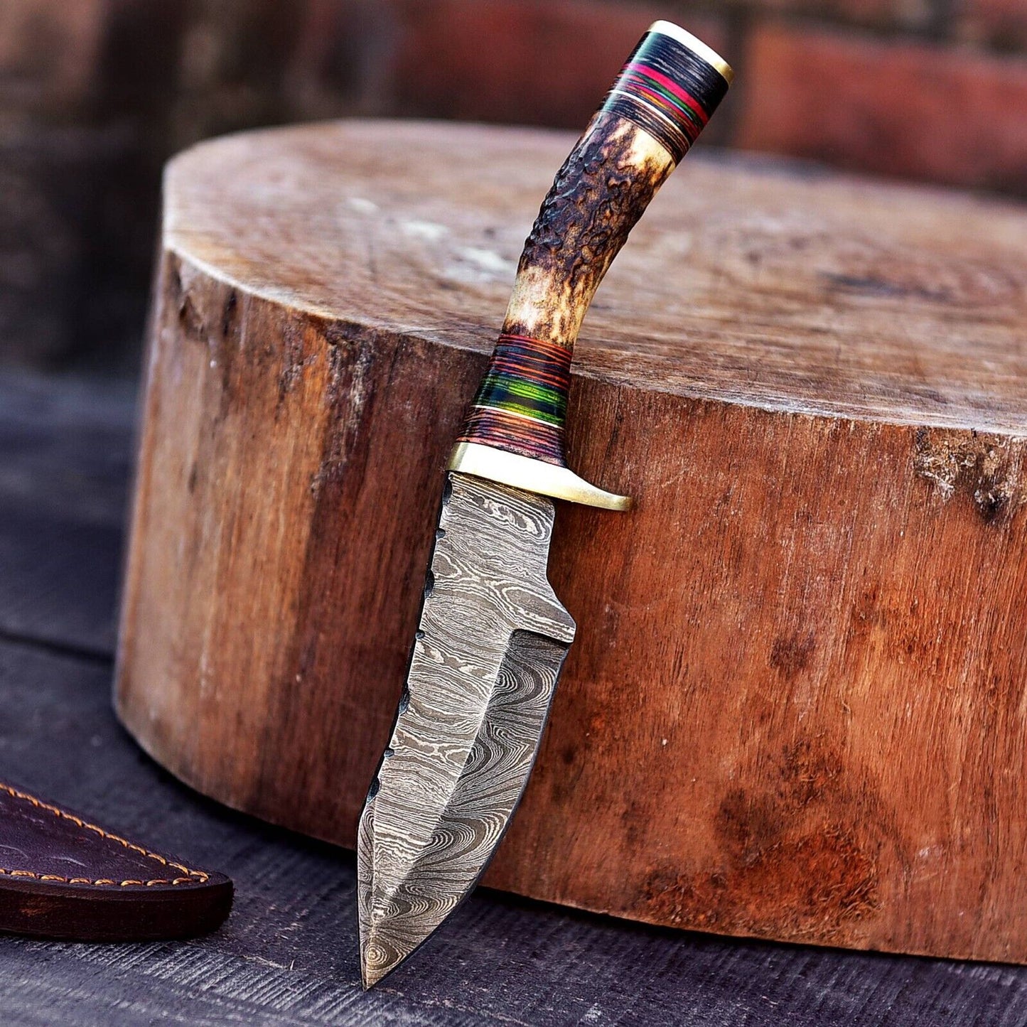 Custom Handmade Damascus Steel Skinning Knife with Deer Antler Handle