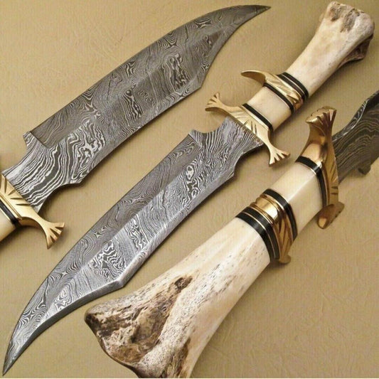 Beautiful Damascus Steel Hunting Knife with Camel Bone Handle