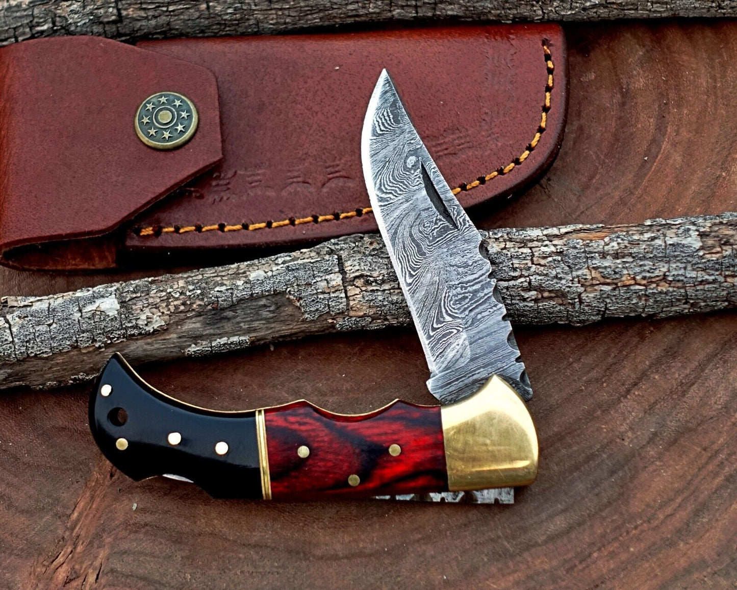 Damascus Folding Pocket Knife with Back Lock