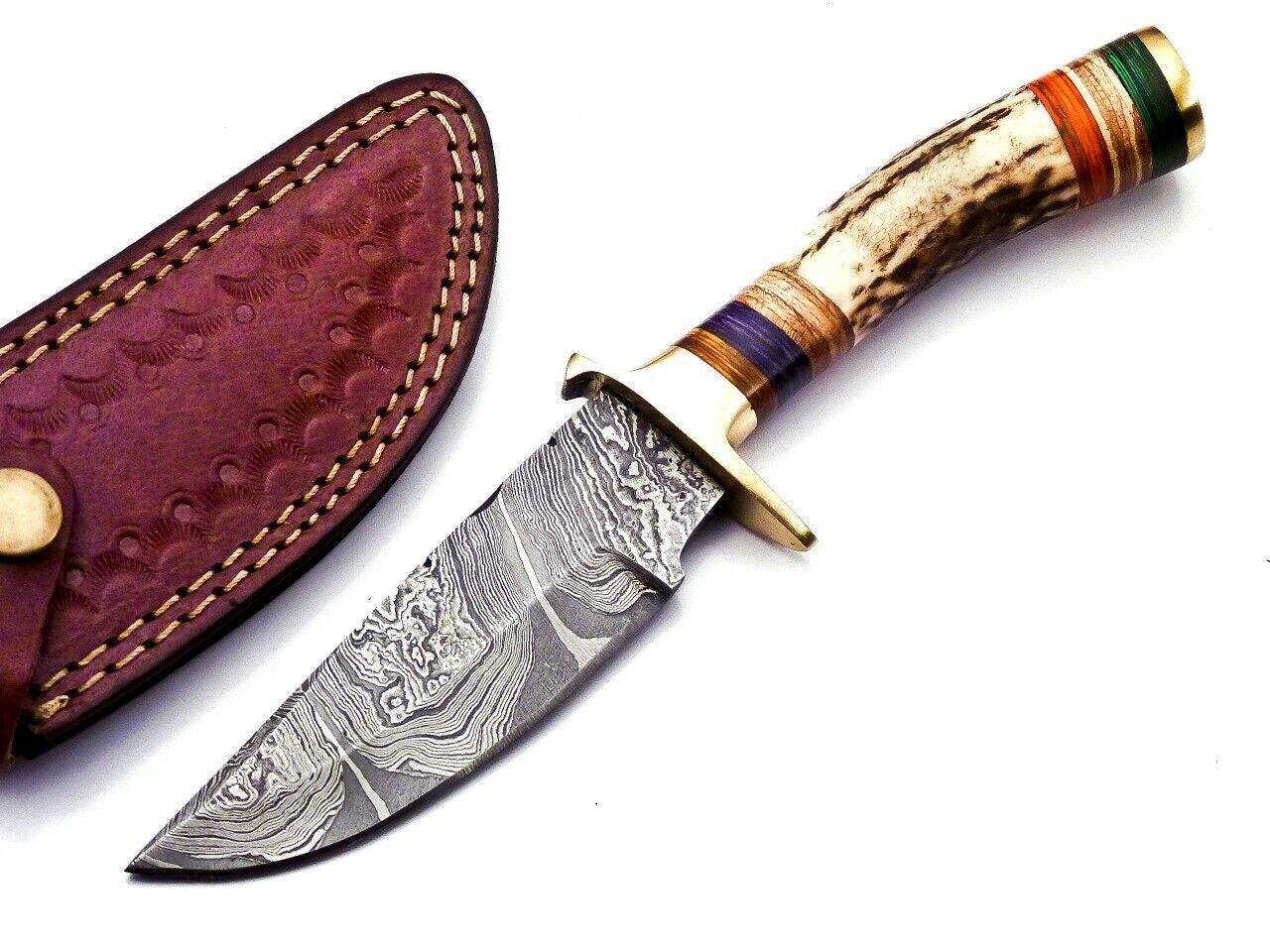 Damascus Steel Hunting Knife with Stag Handle and Brass Guard