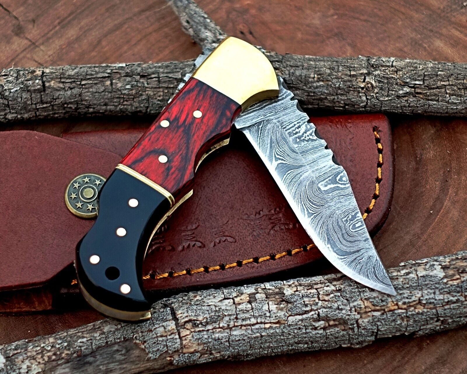 Damascus Folding Pocket Knife with Back Lock