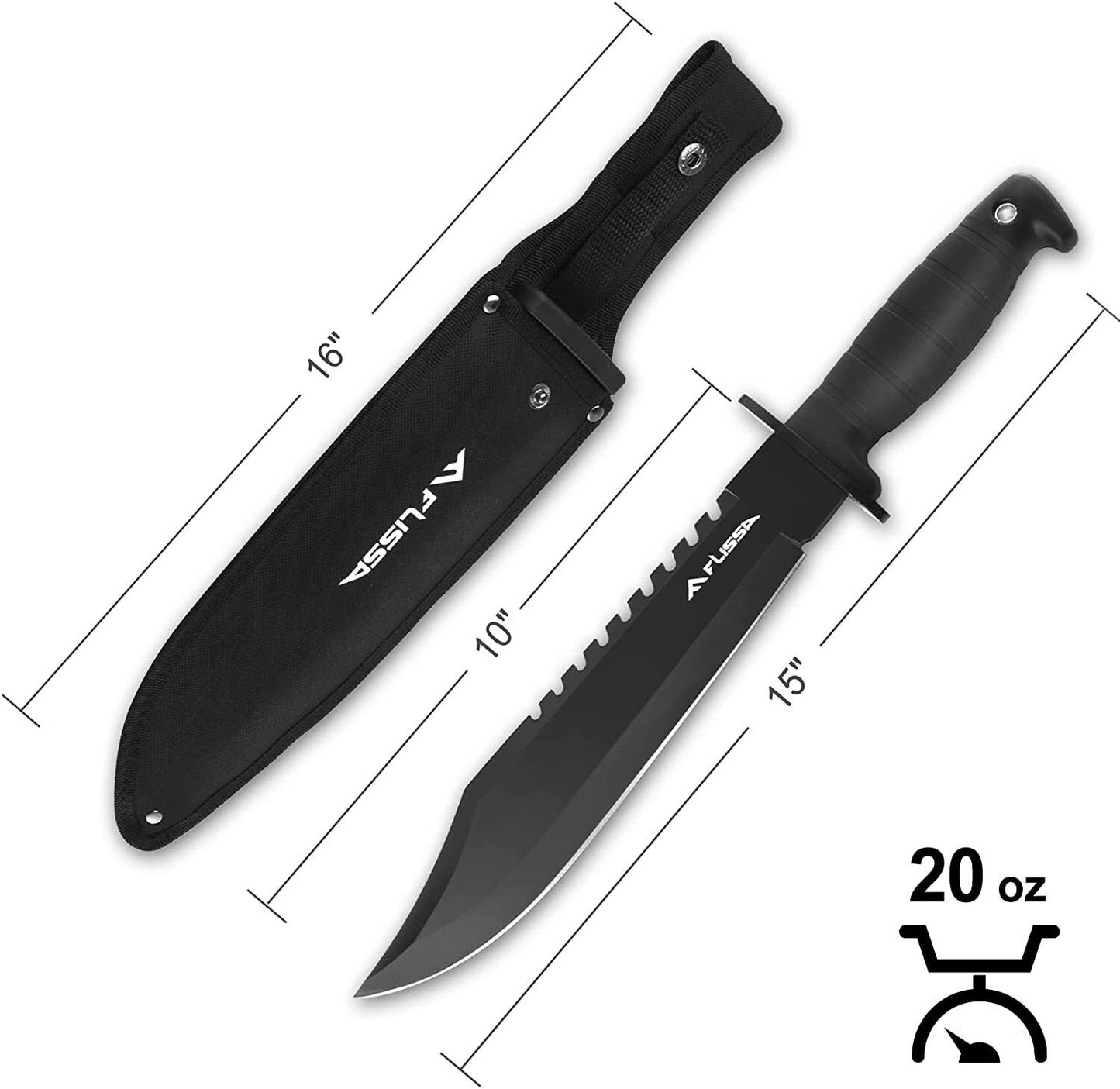 Flissa Tactical Bowie Knife with Fixed Blade and Fire Starter