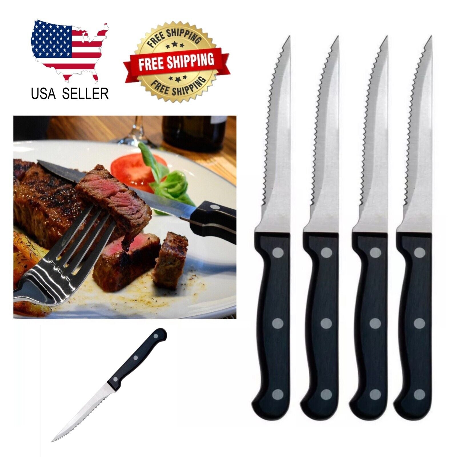 4 Steak Knife Set Serrated Edge 7.5" Stainless Steel Knives Cutlery Utensil