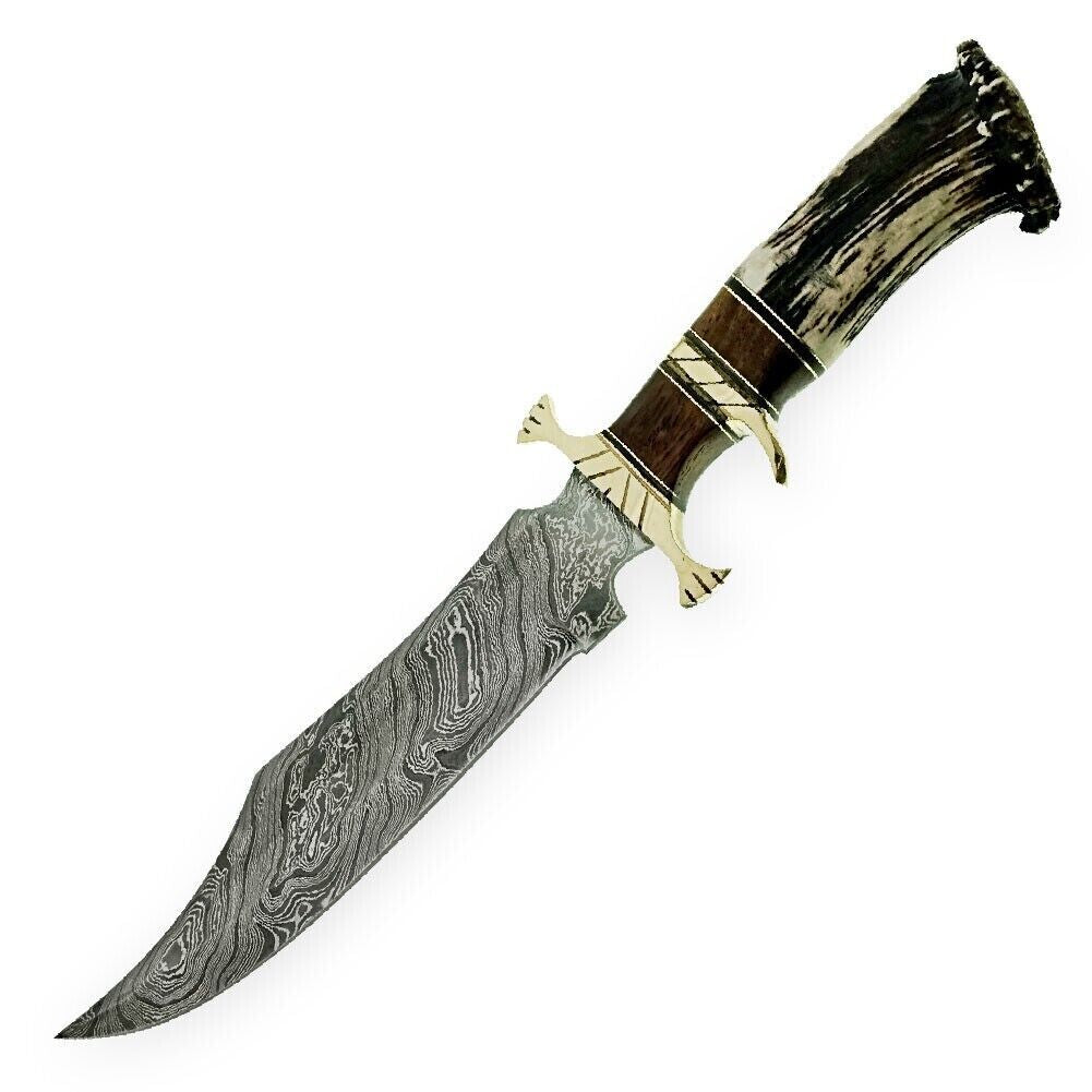 Damascus Bowie Knife with Stag Antler Handle