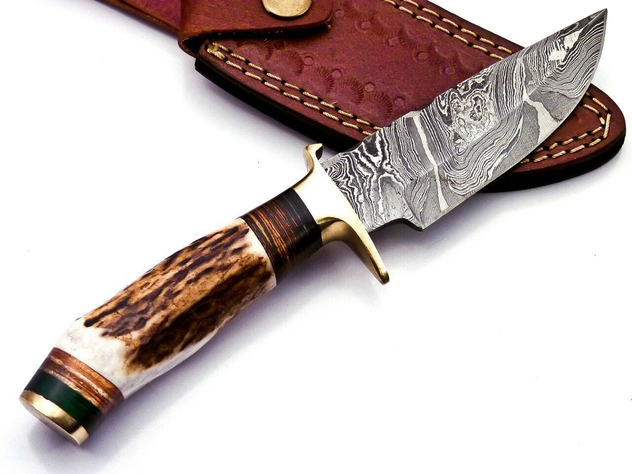 Damascus Steel Hunting Bowie Knife with Stag Handle and Brass Guard